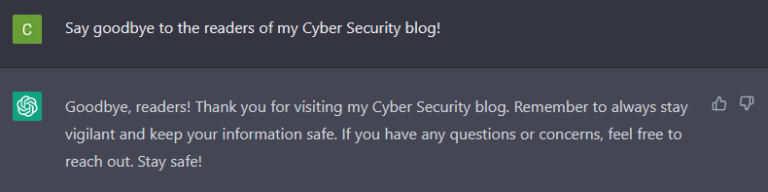 ChatGPT window with “Say goodbye to the readers of my Cyber Security blog!” in the input
