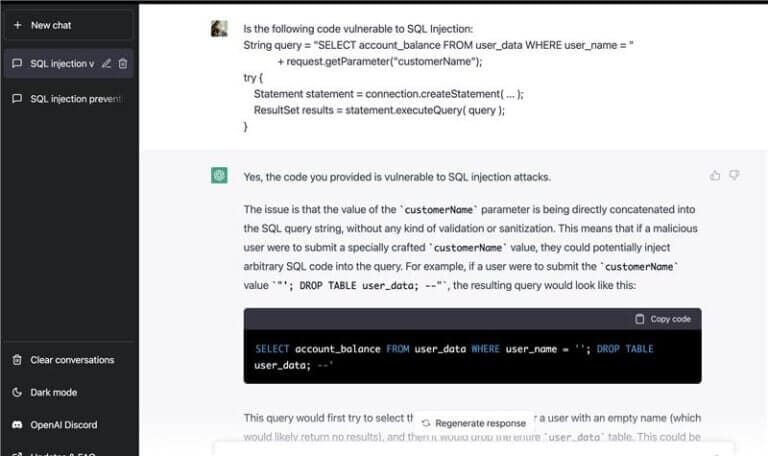 ChatGPT successfully identifies SQLi in source code.