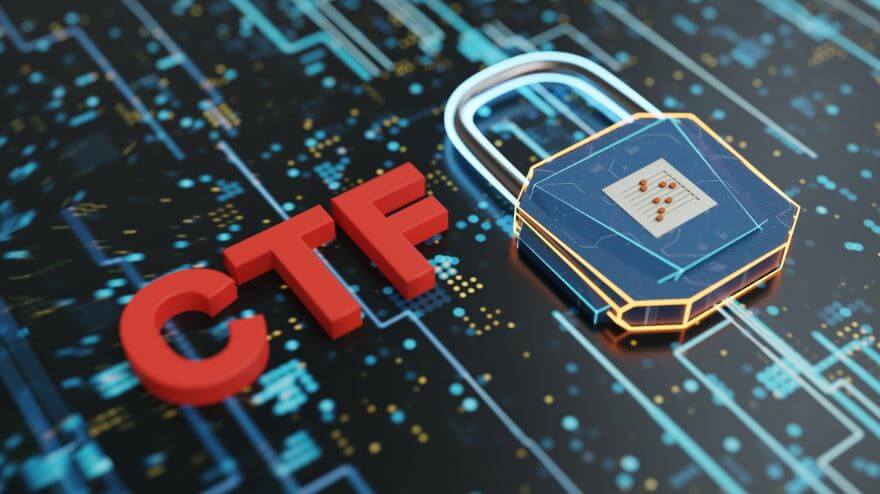 Red letters CTF next to a lock on a computer screen background