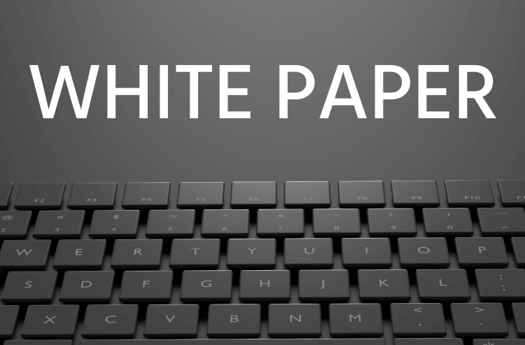 dark gray keyboard on a a dark gray background with the words "white paper" above it in white