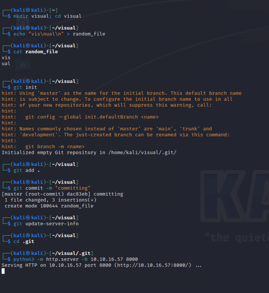 A shell running a webserver with a series of requests issued by git