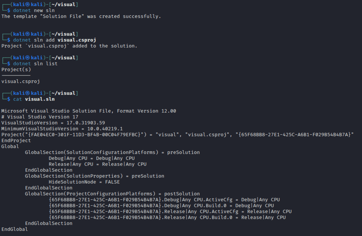 A shell running a series of commands to add a .sln file to a .NET project