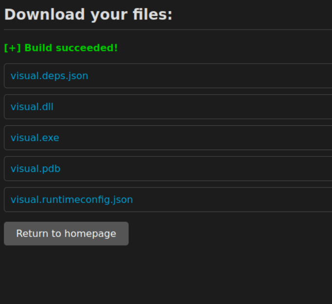 A webpage showing a series of links to download files generated from a build