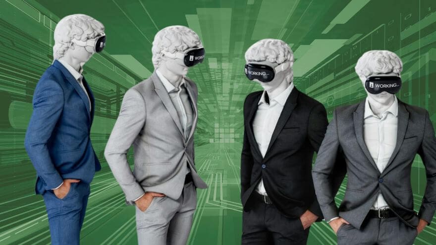 Four men in suits with marble statue style heads stand in a group with VR headsets on.