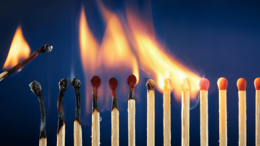 a line of matches, with the most burned to the left, and fire spreading from match to match