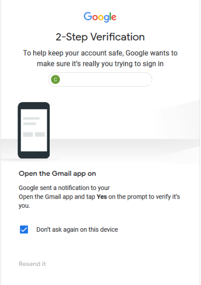 Screencapture of the Google 2-Step verification screen.