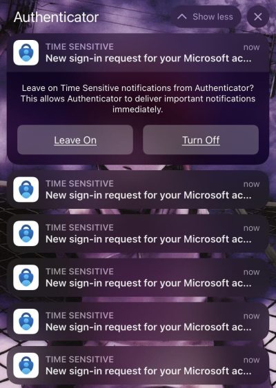 Screencapture of a flood of Microsoft Authenticator requests being sent to a phone’s lock screen.